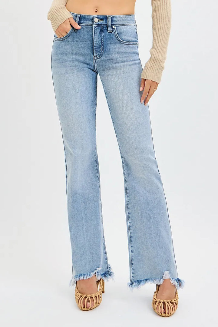MEDIUM RISEN Full Size Tummy Control Mid Rise Flare Jeans with Fray Hem Detailed Plus Size | Jeans Daverri Fashions