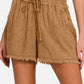 Zenana Washed Linen Frayed Hem Drawstring Shorts Shorts