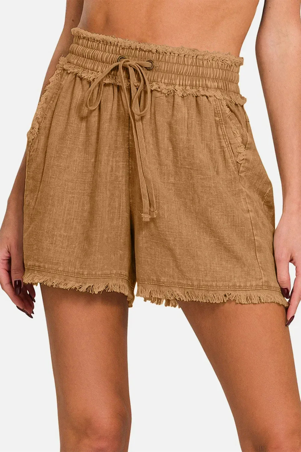 Zenana Washed Linen Frayed Hem Drawstring Shorts - DAVERRI FASHIONS