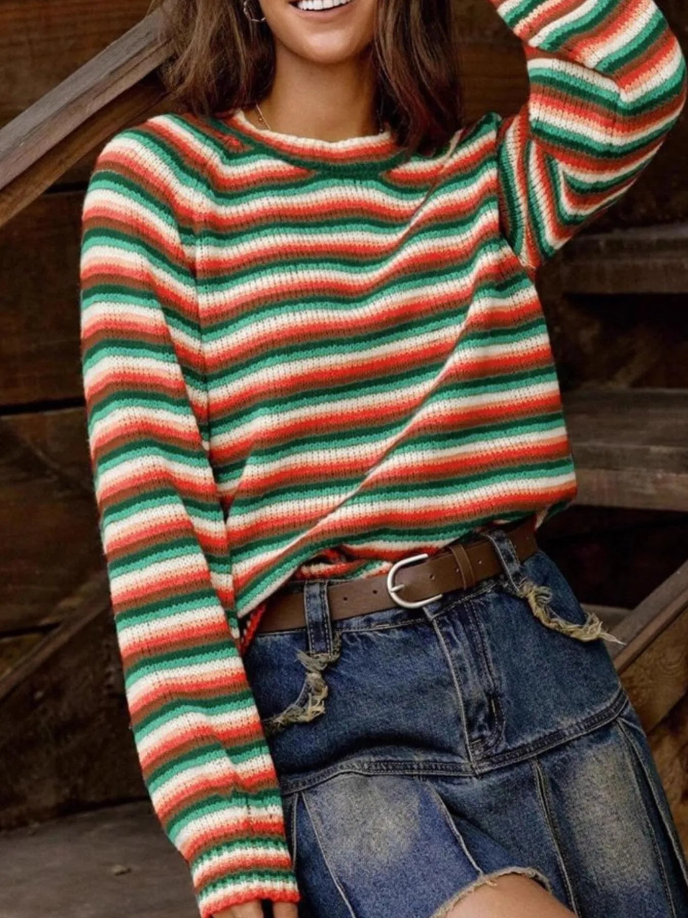 Dark Green Rainbow Striped Pullover Sweater | Sweaters Daverri Fashions