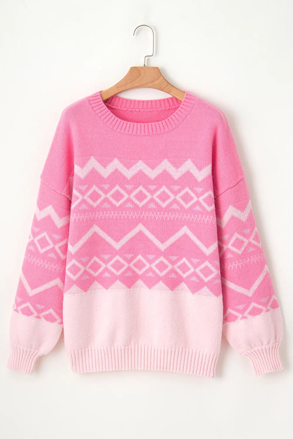 Women’s soft pink geometric drop shoulder long sleeve knit sweater