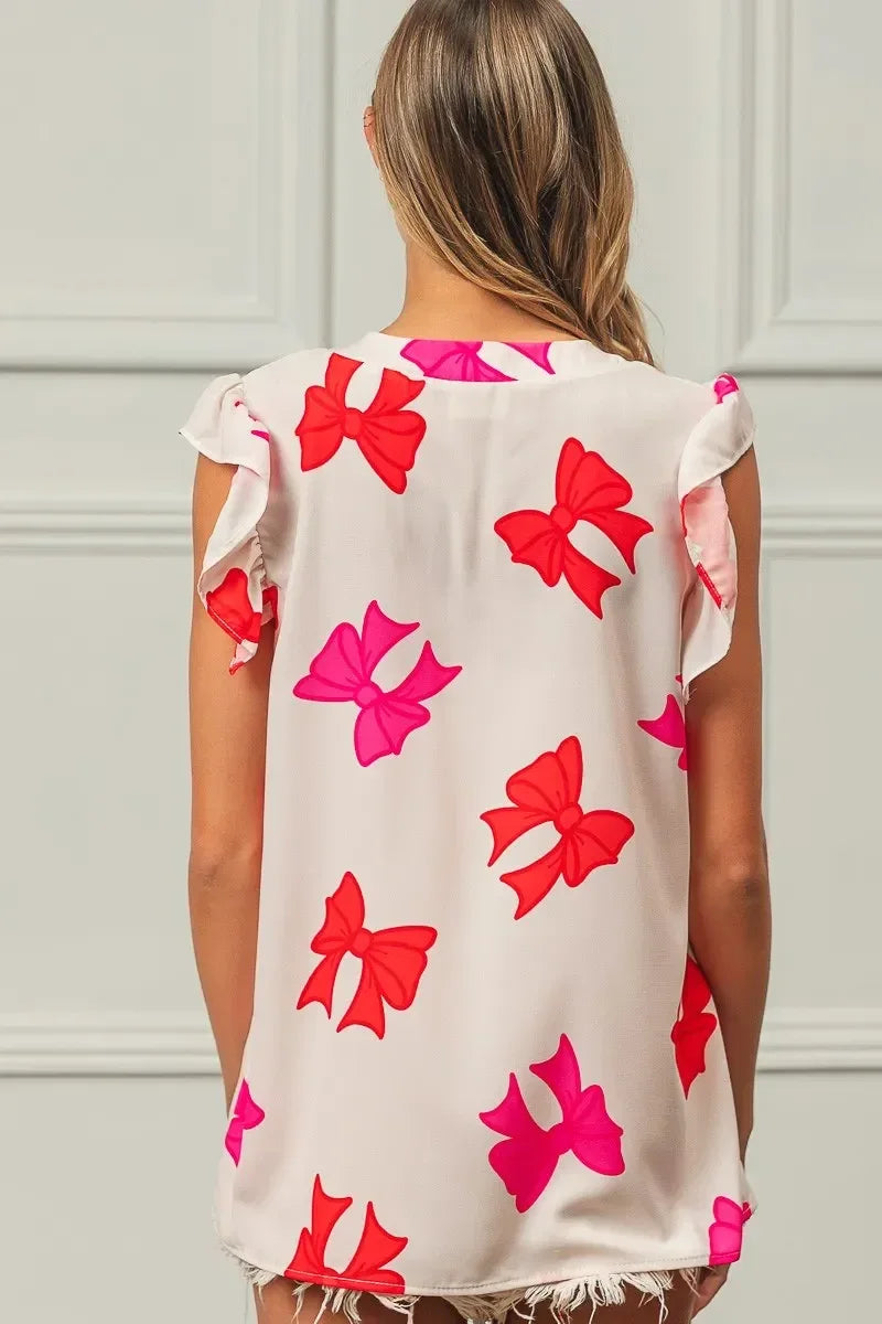 BiBi Bow Printed Woven Ruffled Sleeves V Neck Top - DAVERRI FASHIONS