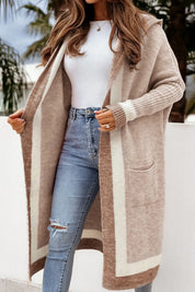 Pocketed Contrast Long Sleeve Hooded Cardigan | Cardigans Daverri Fashions