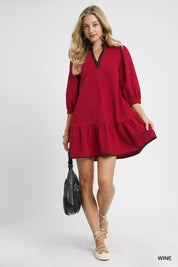 Umgee French Terry Ruffle Hem Dress with Plaid Trim | Mini Dresses Daverri Fashions