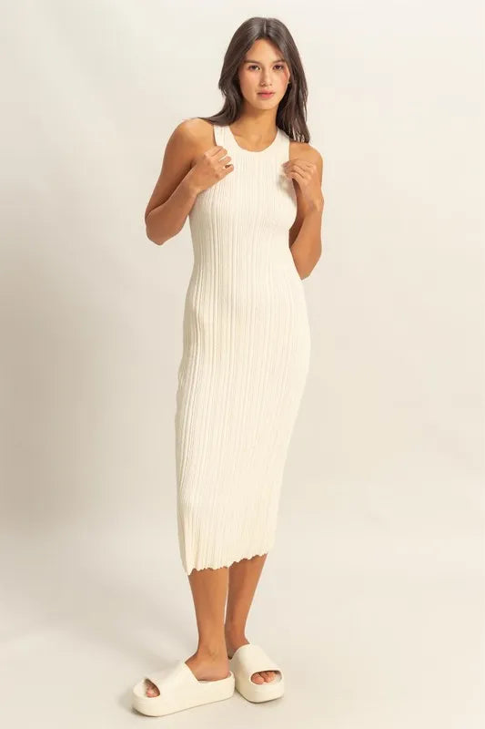 HYFVE White Round Neck Bodycon Ribbed Knit Dress Midi Dresses