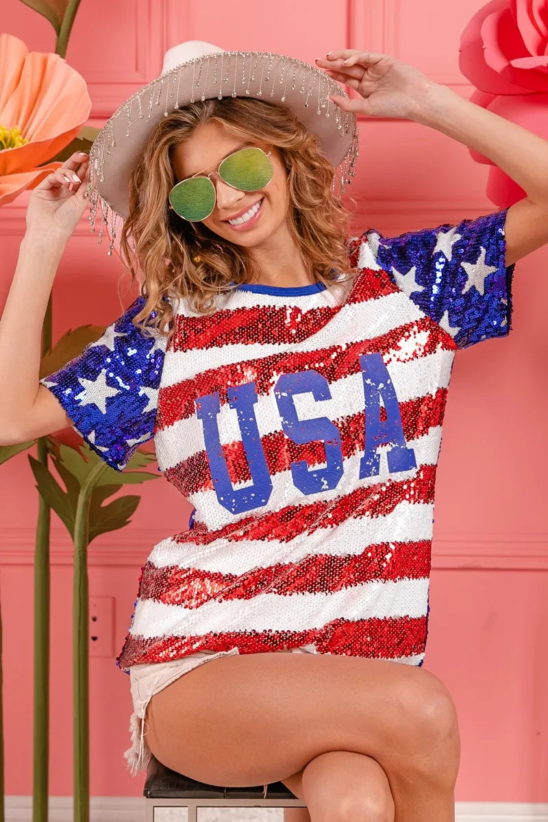 BiBi American Flag Theme USA Lettering Sequin Top Tops