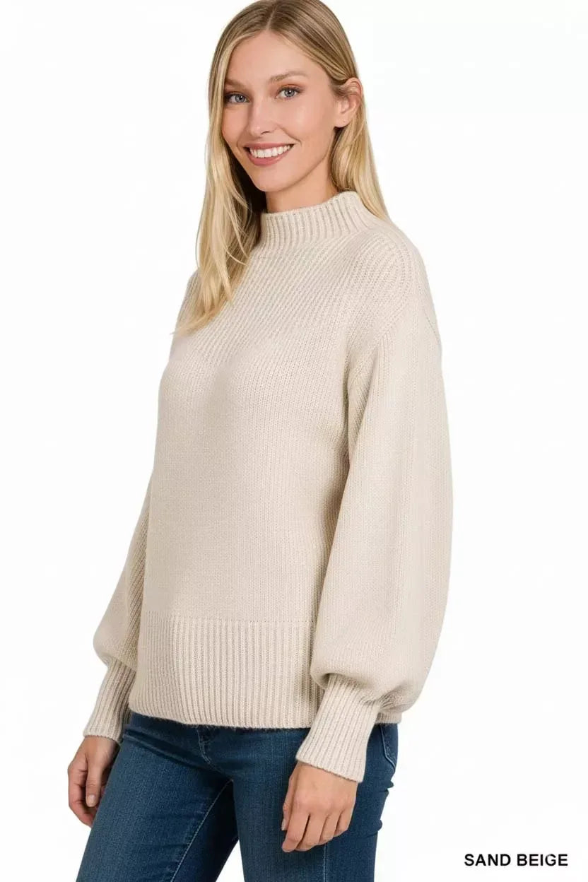 Zenana Balloon Sleeve Mock Neck Sweater Sand Beige - DAVERRI FASHIONS