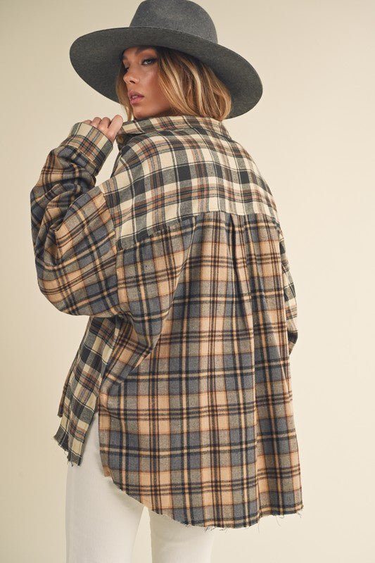 Aemi + Co Frayed Hem Plaid Button Up Flannel Shirt