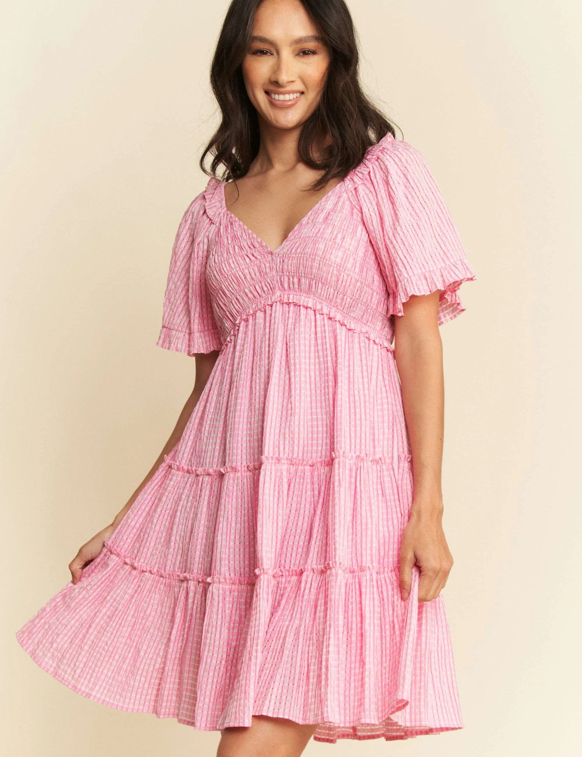 Davi & Dani Jacquard Checker Smocking Tiered Dress | Mini Dresses Daverri Fashions
