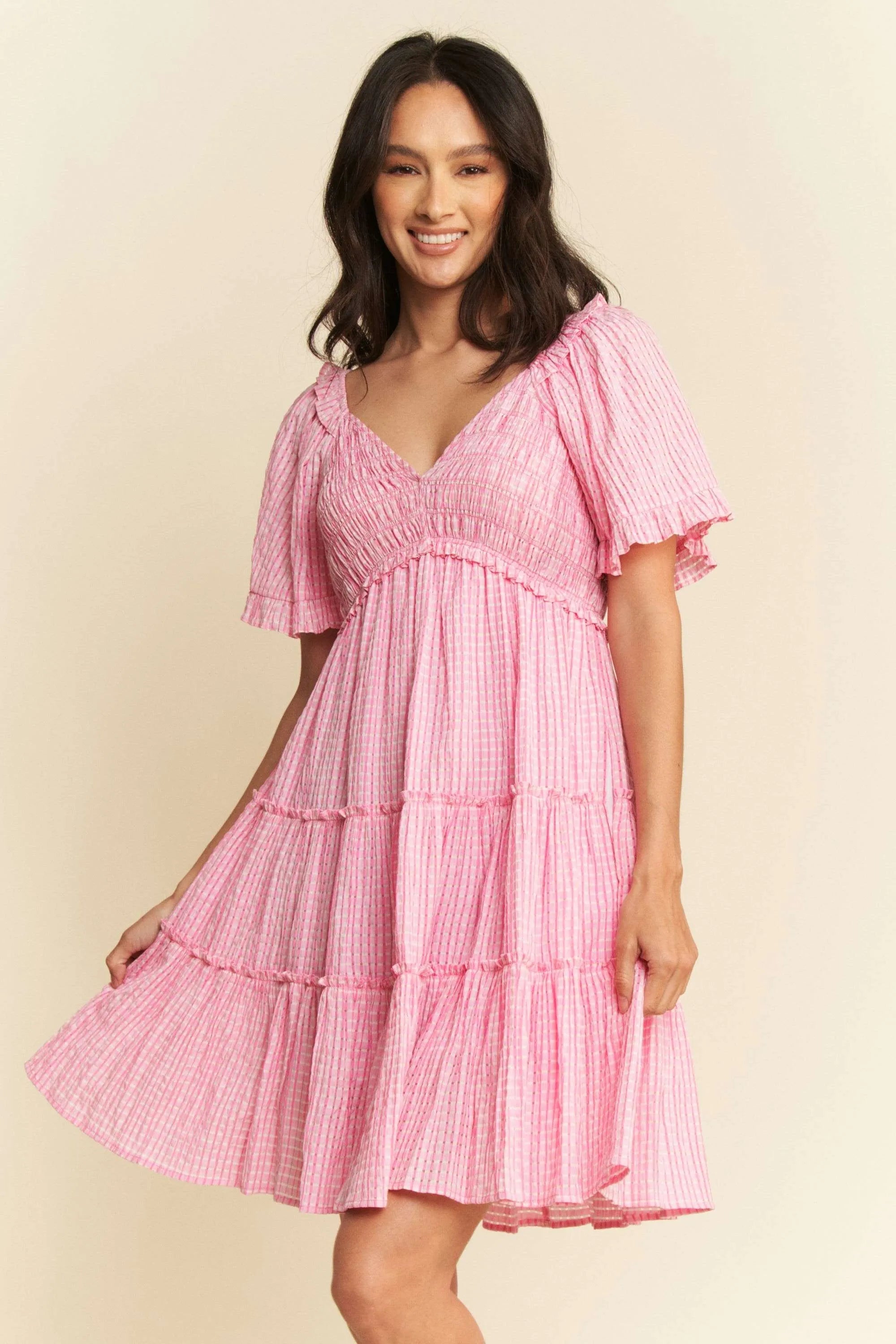Davi & Dani Jacquard Checker Smocking Tiered Dress Mini Dresses