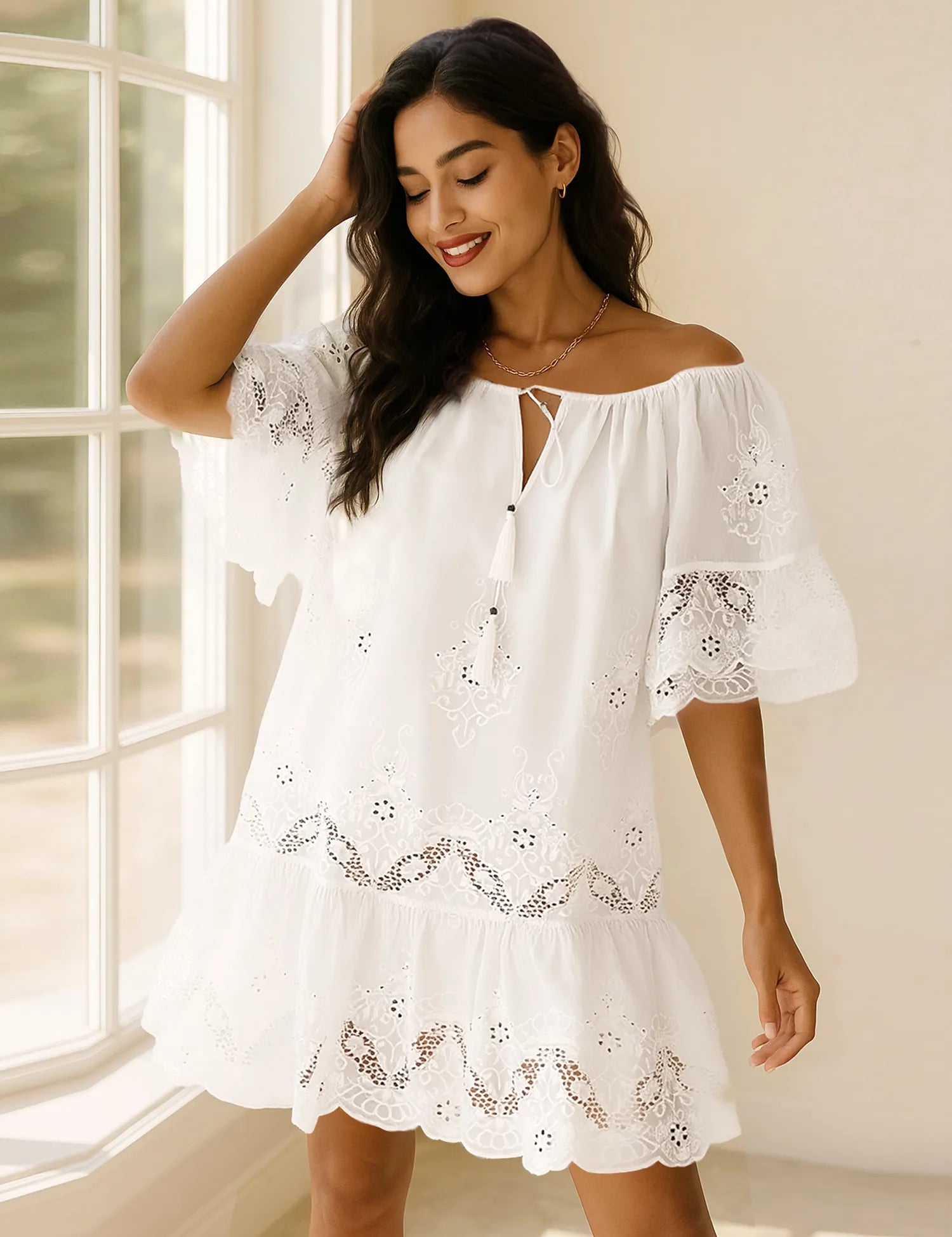 White Eyelet Embroidered Tassel Tie Neck Dress | Mini Dresses Daverri Fashions