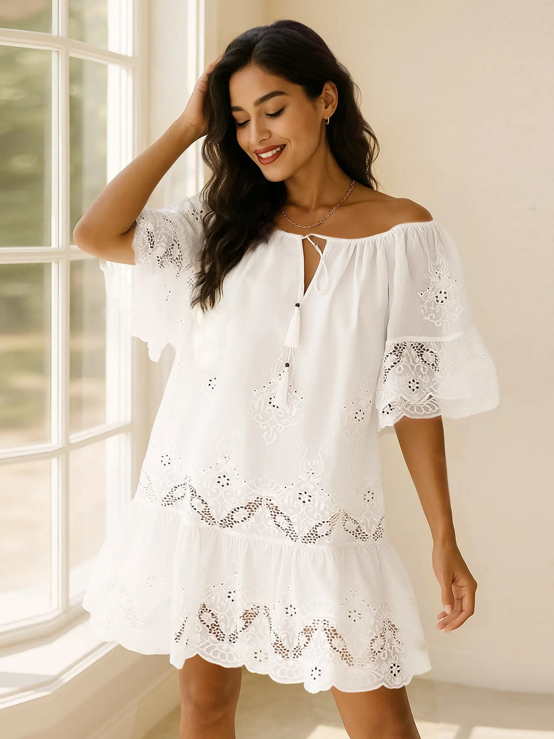 White Eyelet Embroidered Tassel Tie Neck Dress | Mini Dresses Daverri Fashions
