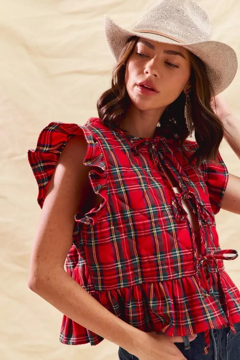 SO ME Christmas Holiday Plaid Ruffled Quilt Vest Top - DAVERRI FASHIONS