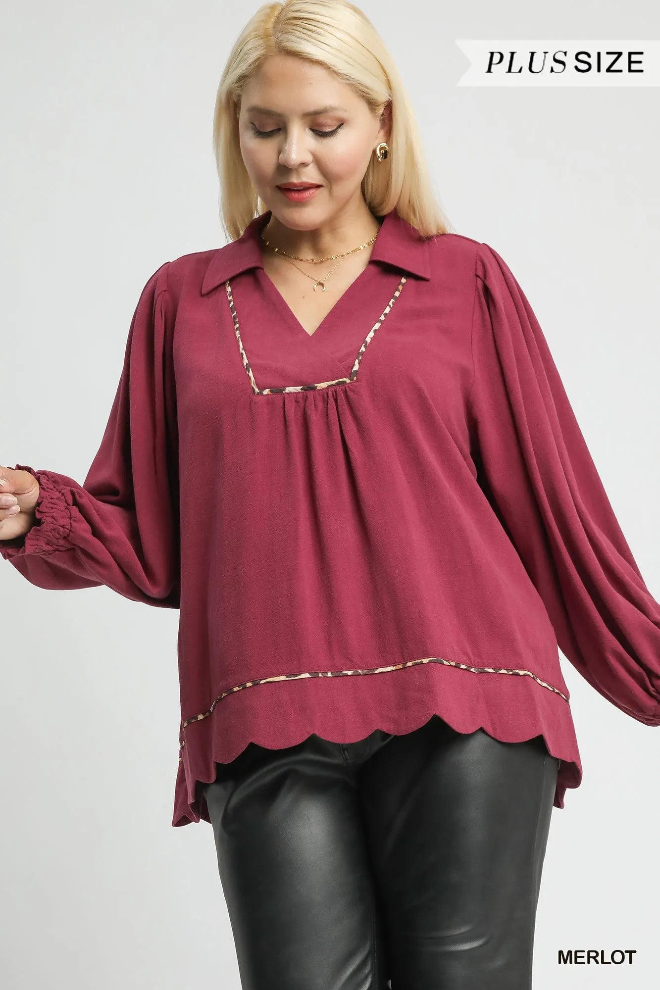 Umgee Full Size Linen Scallop Hem Blouse with Contrast Trim Plus Size | Blouses Daverri Fashions