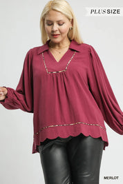 Umgee Full Size Linen Scallop Hem Blouse with Contrast Trim Plus Size | Blouses Daverri Fashions