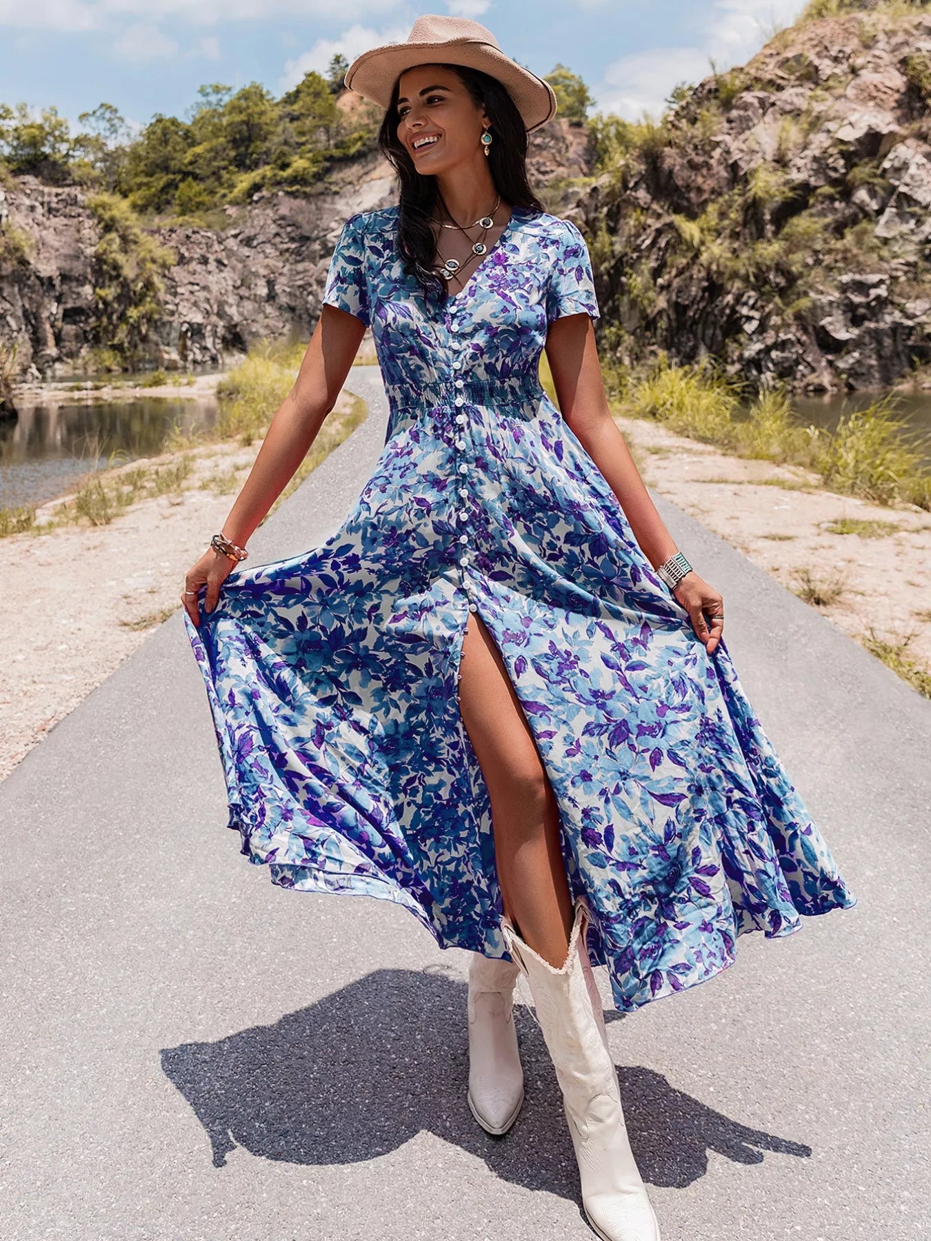 Floral print v-neck slit midi dress in flowing blue and purple