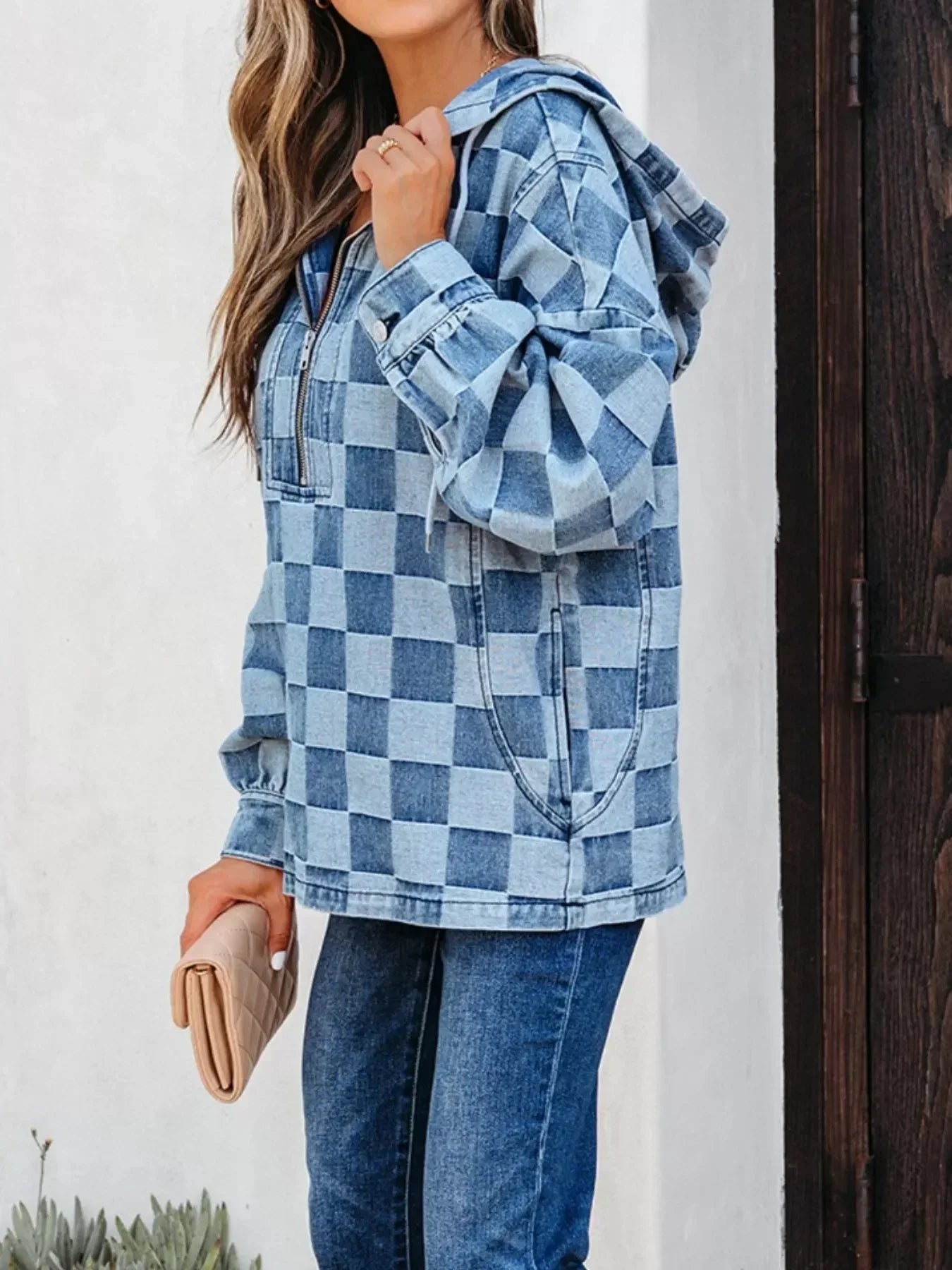 Checkered Half Zip Denim Hoodie Top - DAVERRI FASHIONS