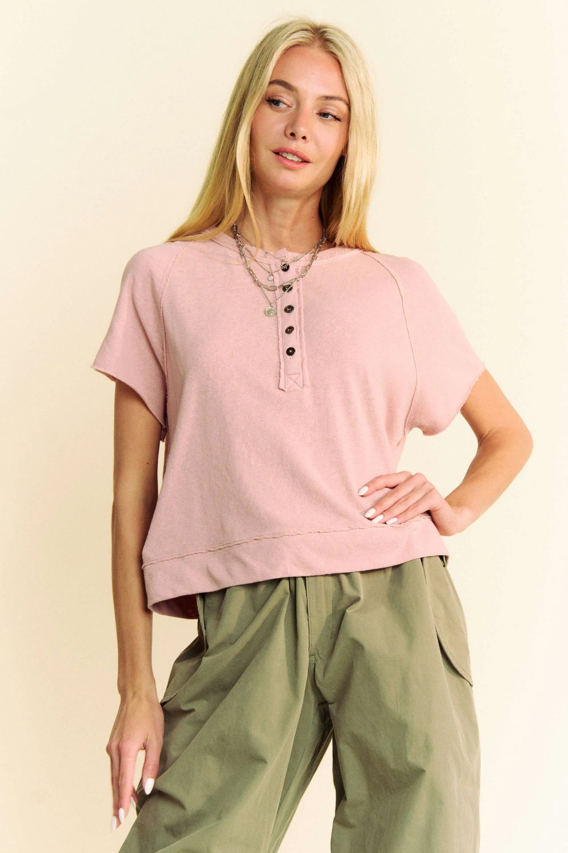 Davi & Dani Breezy Knit pink short-sleeve button-front T-shirt top