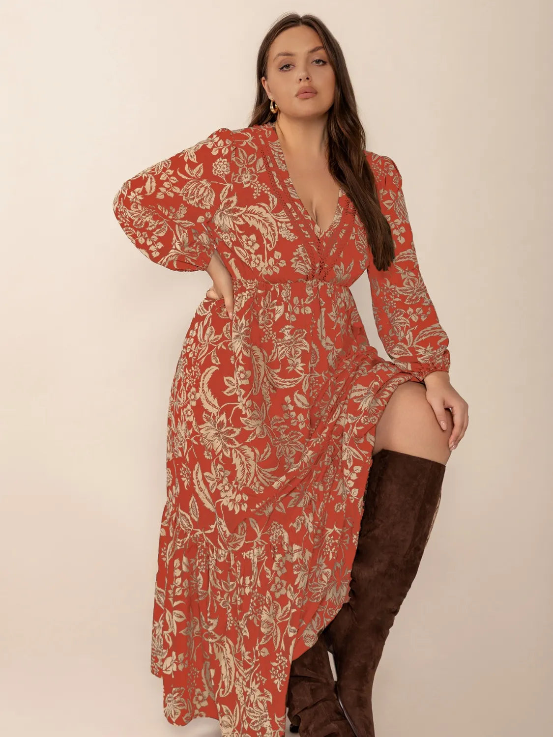 Plus Size Lace Detail Printed Balloon Sleeve Midi Dress | Daverri Fashions