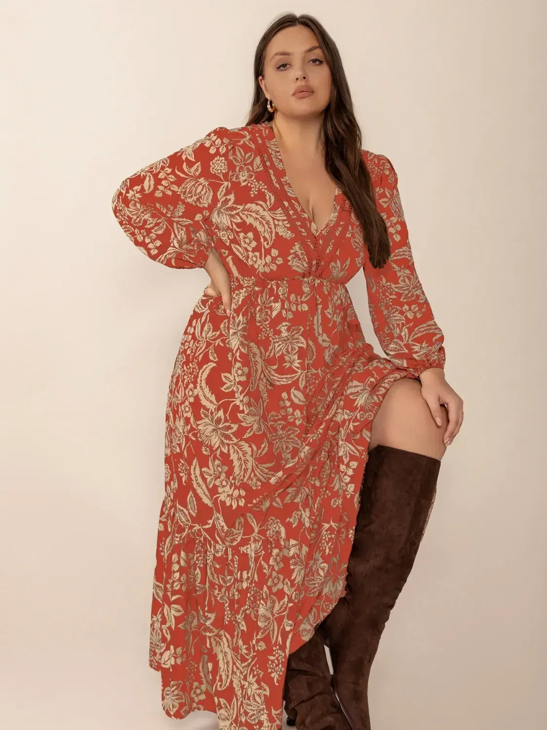 Plus Size Lace Detail Printed Balloon Sleeve Midi Dress - DAVERRI FASHIONS