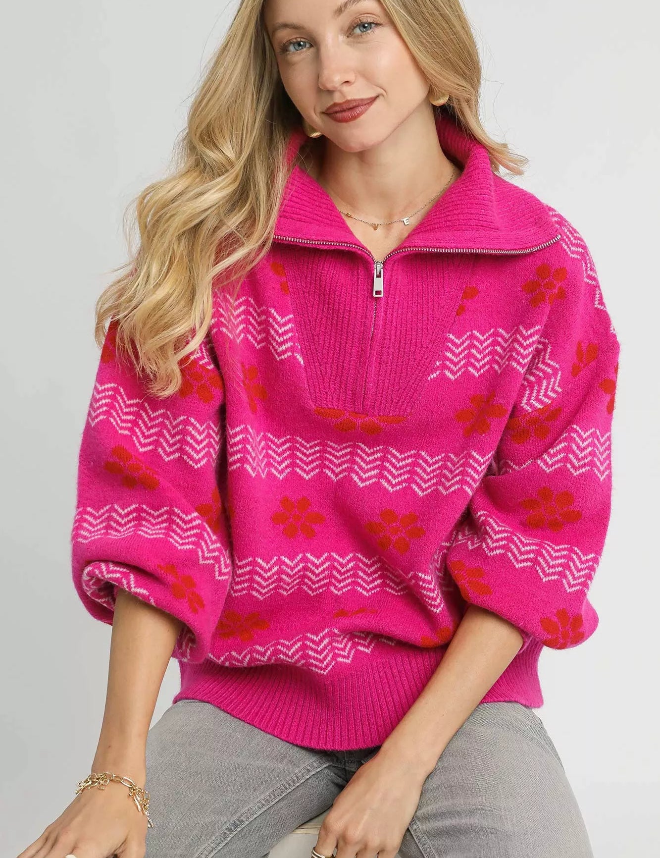 Umgee Floral Patterned Jacquard Quarter-Zip Pullover Sweater Hot Pink | Sweaters Daverri Fashions