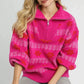 Umgee Floral Patterned Jacquard Quarter-Zip Pullover Sweater Hot Pink - DAVERRI FASHIONS