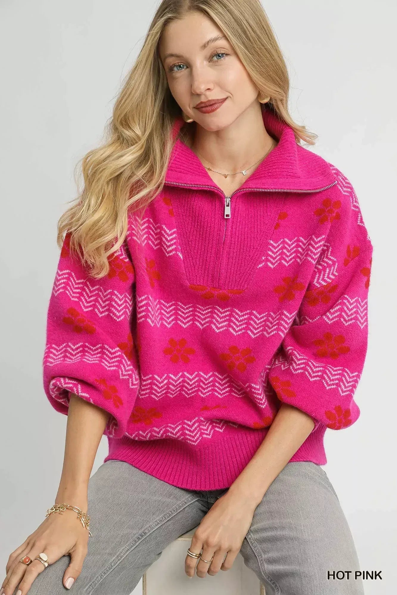 Umgee Floral Patterned Jacquard Quarter-Zip Pullover Sweater Hot Pink - DAVERRI FASHIONS
