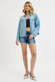 RISEN Washed Dropped Shoulder Denim Jacket | Denim Jackets Daverri Fashions