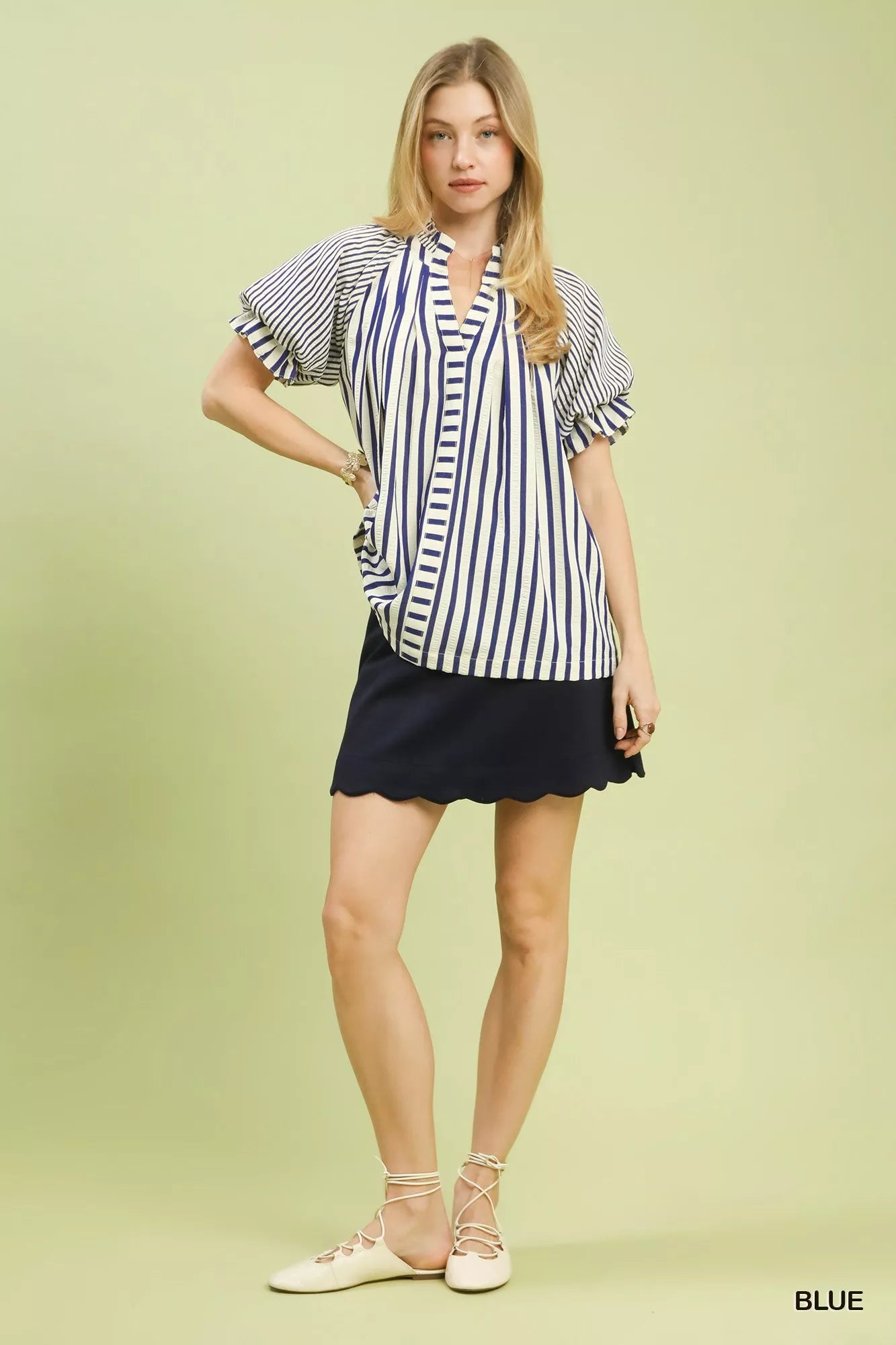 Umgee navy white striped blouse with ruffled short flutter sleeves