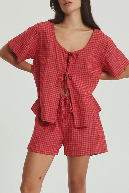 Plaid Tied Scoop Neck Short Sleeve Top and Drawstring Shorts Set - DAVERRI FASHIONS