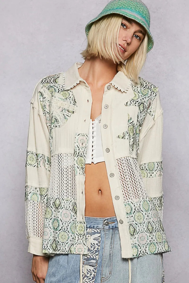 Gum Leaf L POL Printed Crochet Patchwork Button-Up Shirt | Shirt Daverri Fashions