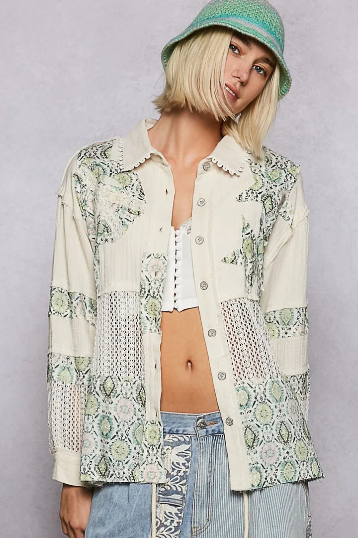 POL Printed Crochet Patchwork Button-Up Shirt Gum Leaf Shirt