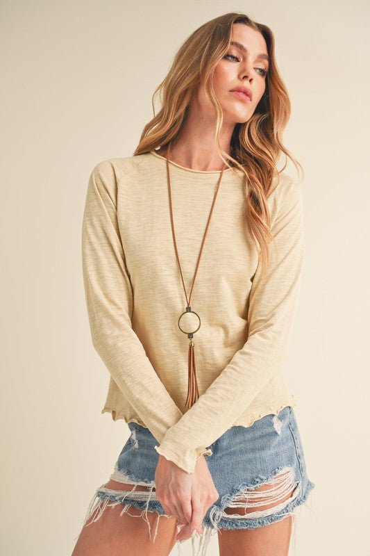 Aemi + Co Lettuce Hemline Round Neck Raglan Sleeve T-Shirt Oatmeal