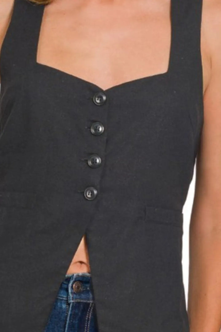 Zenana Linen Tie-back 4-button Vest with Lining