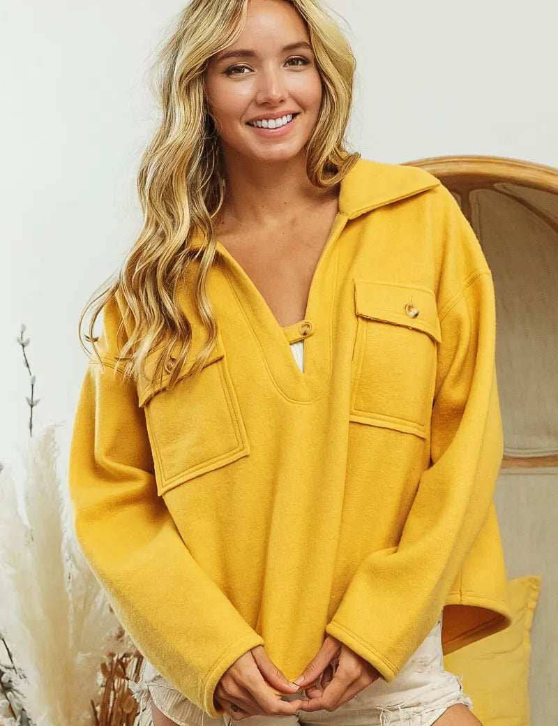 BiBi Flap Pockets Fleece Collared Sweatshirt | Sweatshirts Daverri Fashions