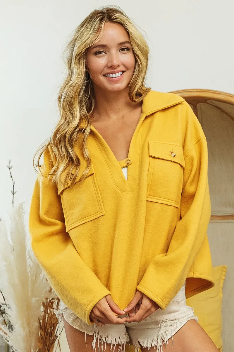 BiBi Flap Pockets Fleece Collared Sweatshirt | Sweatshirts Daverri Fashions