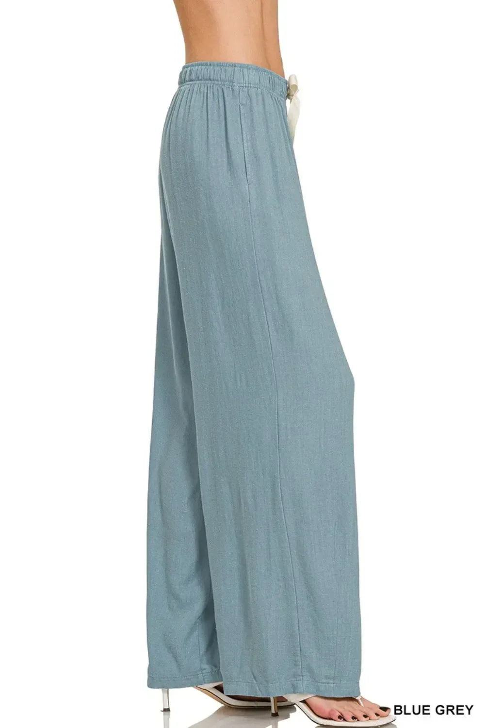 Zenana Linen Drawstring Pants Blue Grey - DAVERRI FASHIONS