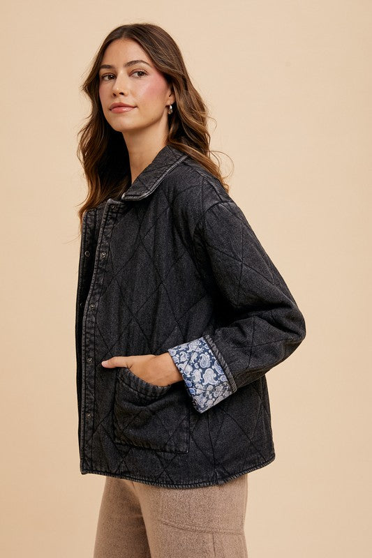 Annie Wear Quilted Printed Lining Snap Down Denim Jacket Tops