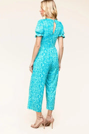 PLUS Spring Vibes Aqua Ikat Print Ruffle Sleeve Wide Leg Jumpsuit | Daverri Fashions