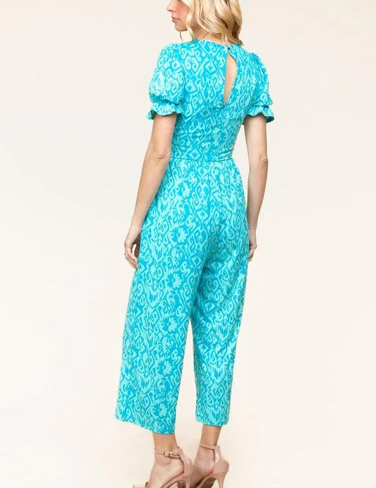 PLUS Spring Vibes Aqua Ikat Print Ruffle Sleeve Wide Leg Jumpsuit | Daverri Fashions