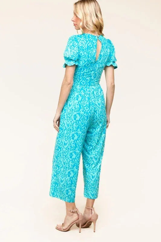 PLUS Spring Vibes Aqua Ikat Print Ruffle Sleeve Wide Leg Jumpsuit - DAVERRI FASHIONS