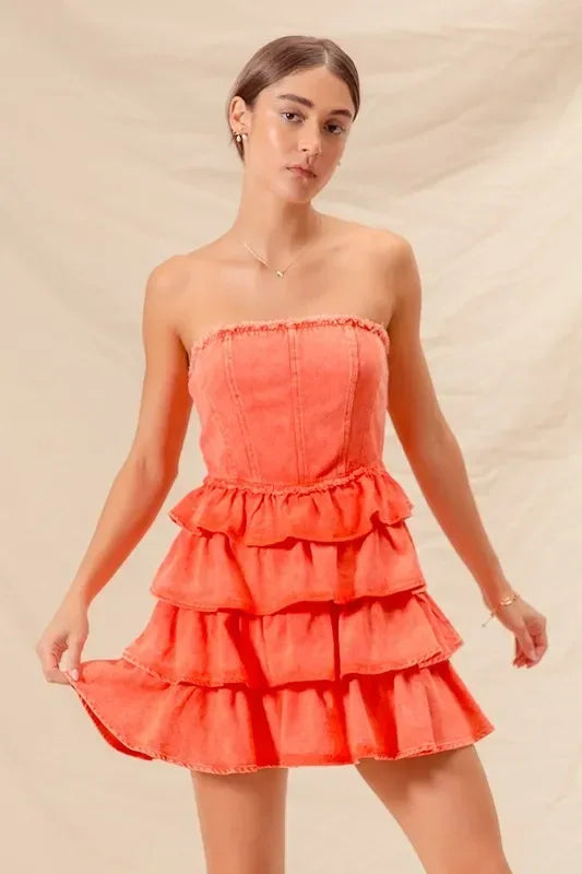 SO ME Strapless Ruffle Layered Game Day Cheer Up Dress - DAVERRI FASHIONS