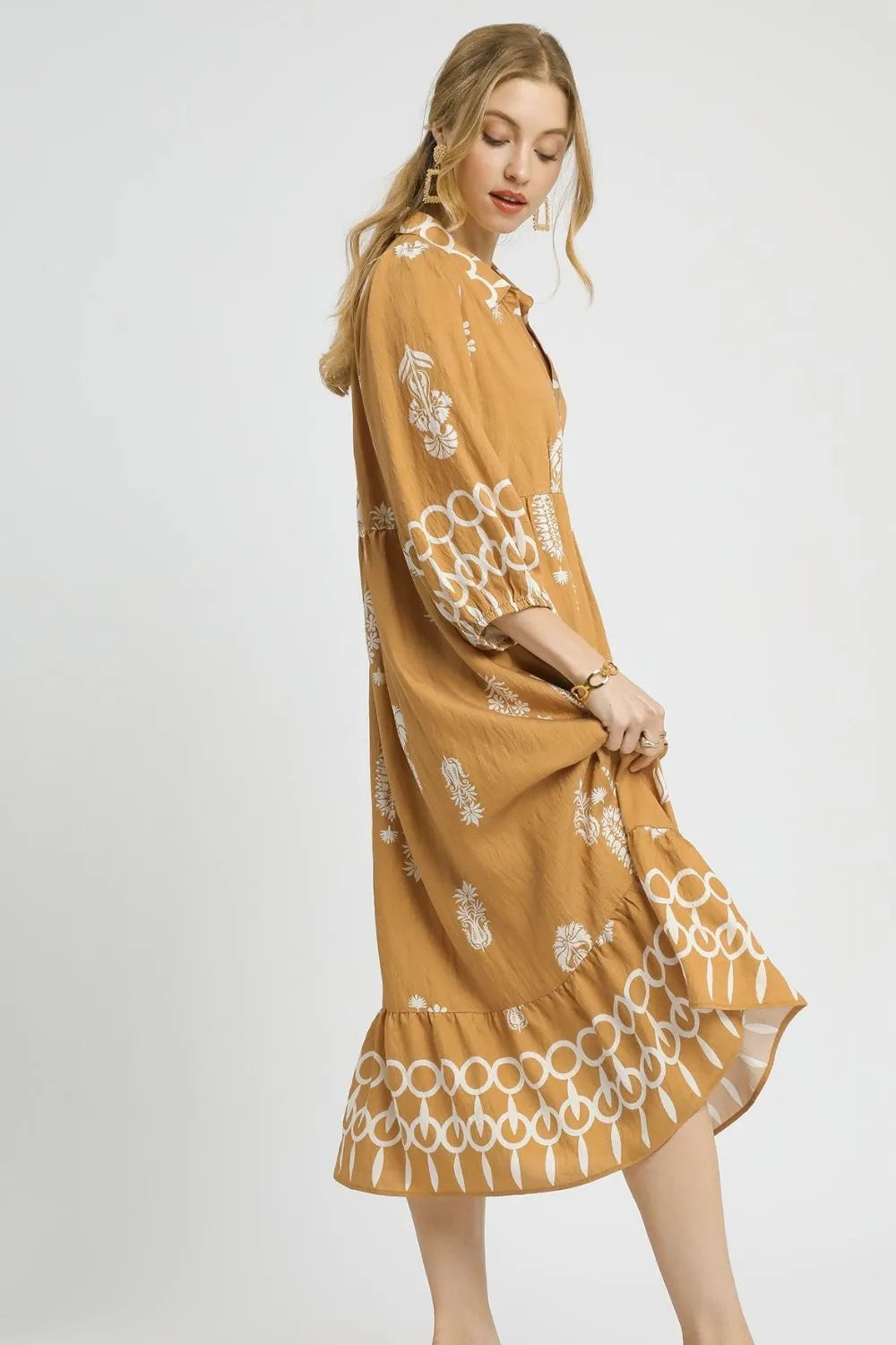 Umgee Ruffled Hem Printed Johnny Collar Midi Dress Midi Dresses