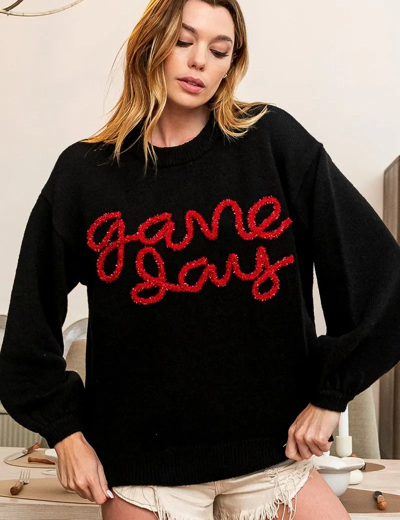 BLACK RED BiBi Game Day Metallic Letter Sweater | Sweaters Daverri Fashions