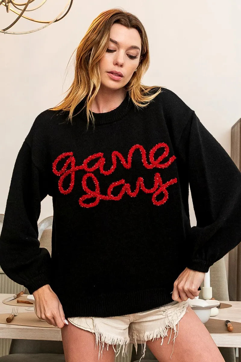 BLACK RED BiBi Game Day Metallic Letter Sweater | Daverri Fashions