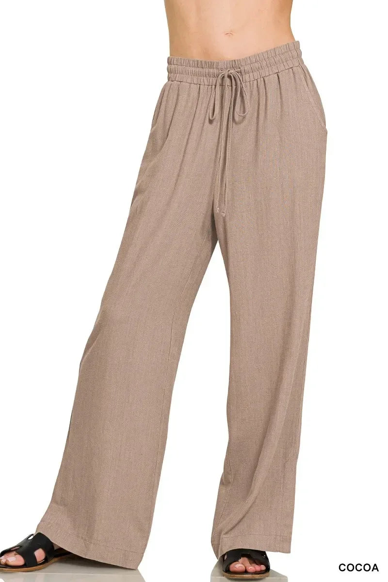 Zenana Linen Drawstring Pants Cocoa - DAVERRI FASHIONS