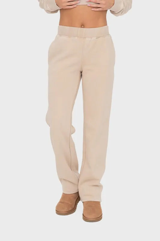 Mono B Elastic Waist Fleece Pants with Pockets Tan