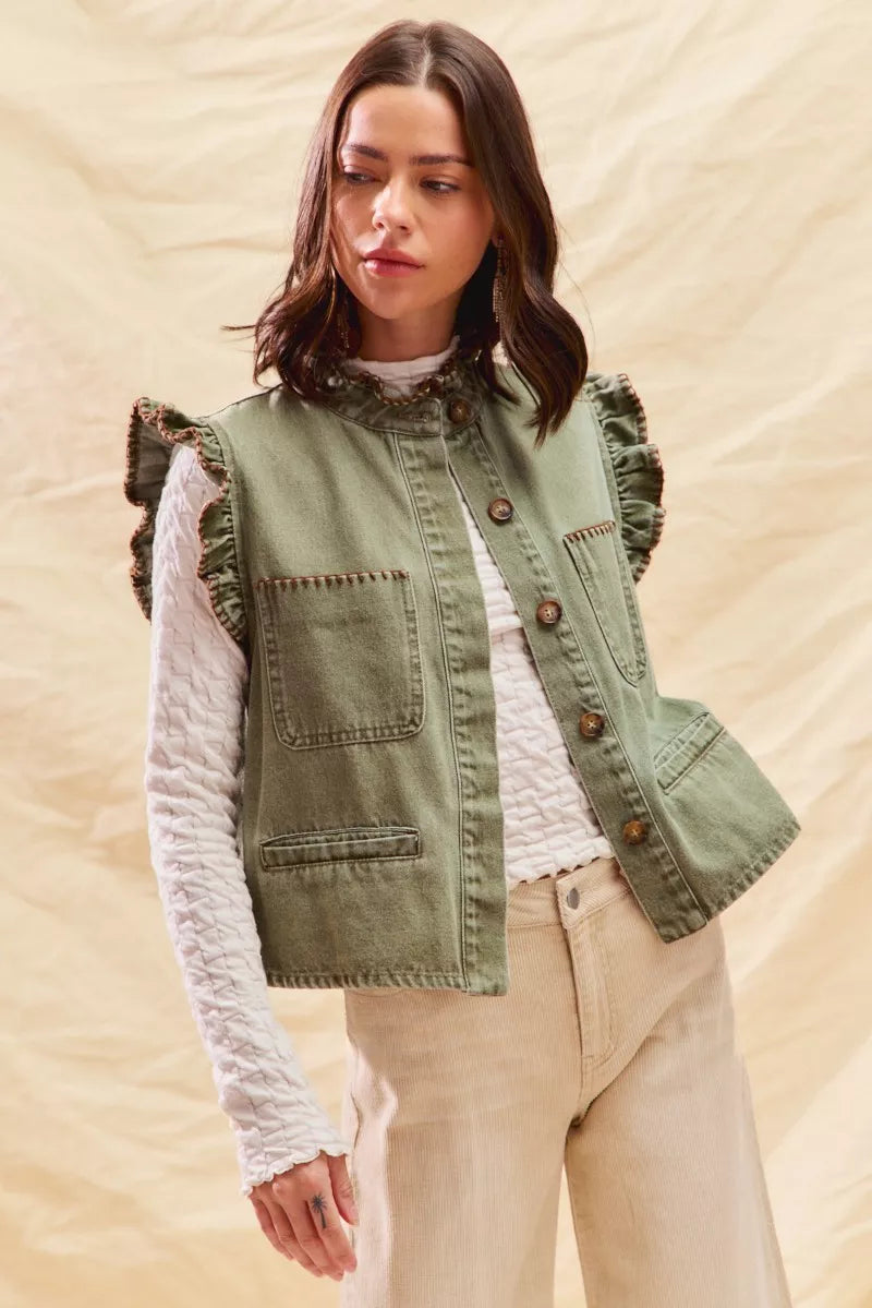 SO ME Washed Denim Stitch Ruffled Hidden Button Vest Top | Daverri Fashions