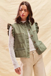 SO ME Washed Denim Stitch Ruffled Hidden Button Vest Top | Daverri Fashions