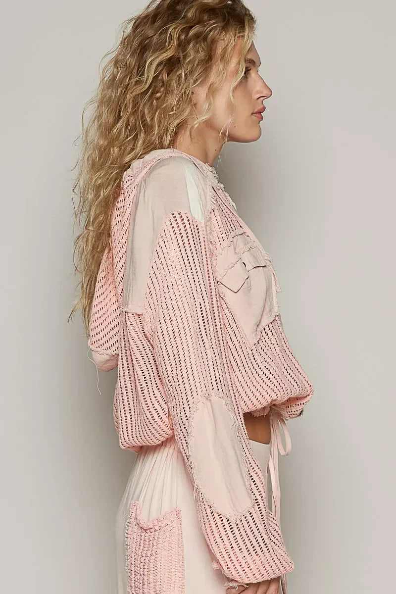 POL Texture Woven Button Down Hooded Shirt with Drawstring Hem - DAVERRI FASHIONS